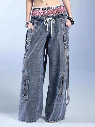 J-Fashion Jeans acampanados de carga con parches de colores contrastantes, cintura multicapa y logotipo "Y2K Babe" en estilo retro Y2K para mujer