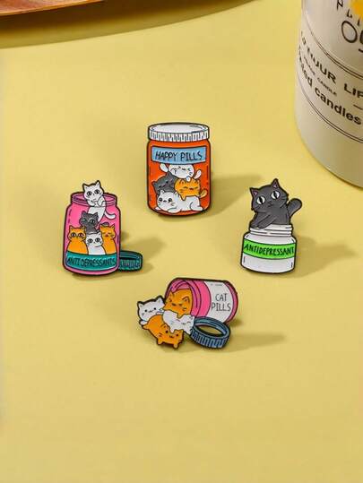 Zazumi 1PC Creative Bottle Cat Cartoon Brooch New Export Design English Letter Pin Cute Kitten Animal Clothing Accessory For Jacket Bag