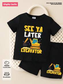 SHEIN GraphicGems Bộ áo ngắn tay và quần short in chữ dễ thương cho bé trai, mùa hè vui nhộn thường ngày - màu đen - Xem 8