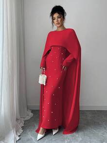 Elenzga 女士秋冬针织圆领长袖伞裙珍珠装饰修身长款派对连衣裙，优雅百搭 - 紅色 - 查看 7