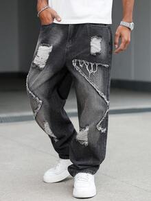 Manfinity EMRG 男士时尚街头风做旧斜插口袋牛仔裤 - 灰色 - 查看 4