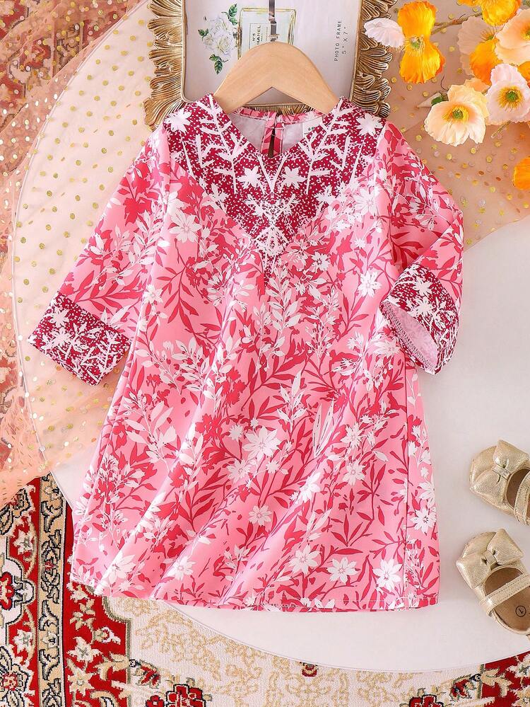 SHEIN 女婴优雅树叶印花长袖休闲轻薄连衣裙，适合中东节日穿着，粉色 - 粉色 - 查看 5