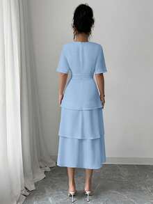 Elenzga Women's Minimalist Solid Color Butterfly Decor Round Neck Short Sleeve Skater Dress - Baby Blue - View 2