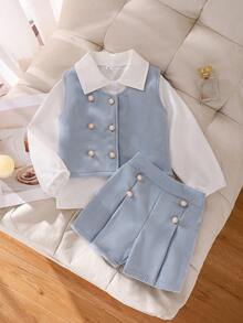 SHEIN Elladie kids 3件組少女長袖領口休閒襯衫、精緻珍珠鈕扣背心外套、短褲套裝，現代風格兒童套裝，春/秋季女童西裝套裝，女童商務西裝套裝，女童兩件式外套配裙子，女童藍白兩件式外套配短褲，女童春季西裝套裝，女童時尚套裝 - 藍色 - 查看 7