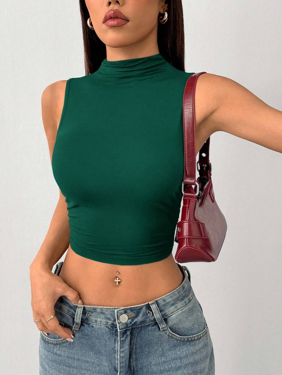 SHEIN PETITE 纯色无袖立领修身休闲短款上衣 - 墨綠色 - 查看 1