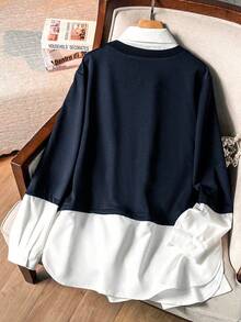 Lacomfia Women's 2 In 1 Long Sleeve Colorblock Pearl Decor Casual Comfortable Minimalist Chic Plus Size Sweatshirt - Blue - View 2