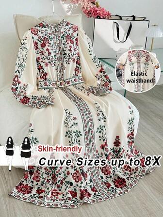 SHEIN CURVE+ Plusstorlek Damklänning med blommigt tryck och lyktaärm och knappdesign