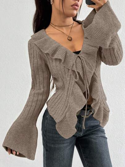 StreetHx 女士休闲时尚度假风纯色V领喇叭袖荷叶边装饰系带开衫，秋冬款