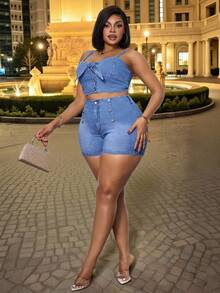 Slaydiva 大码女式牛仔短裤，修身性感休闲度假迷你短裤 - 藍色 - 查看 3