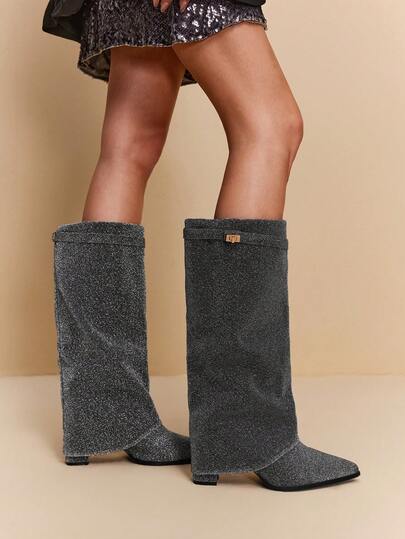 Daringsoles Women's Pointed Toe Shiny Buckle Design Fashion Daily Wear Versatile High Heel Knee-High Boots