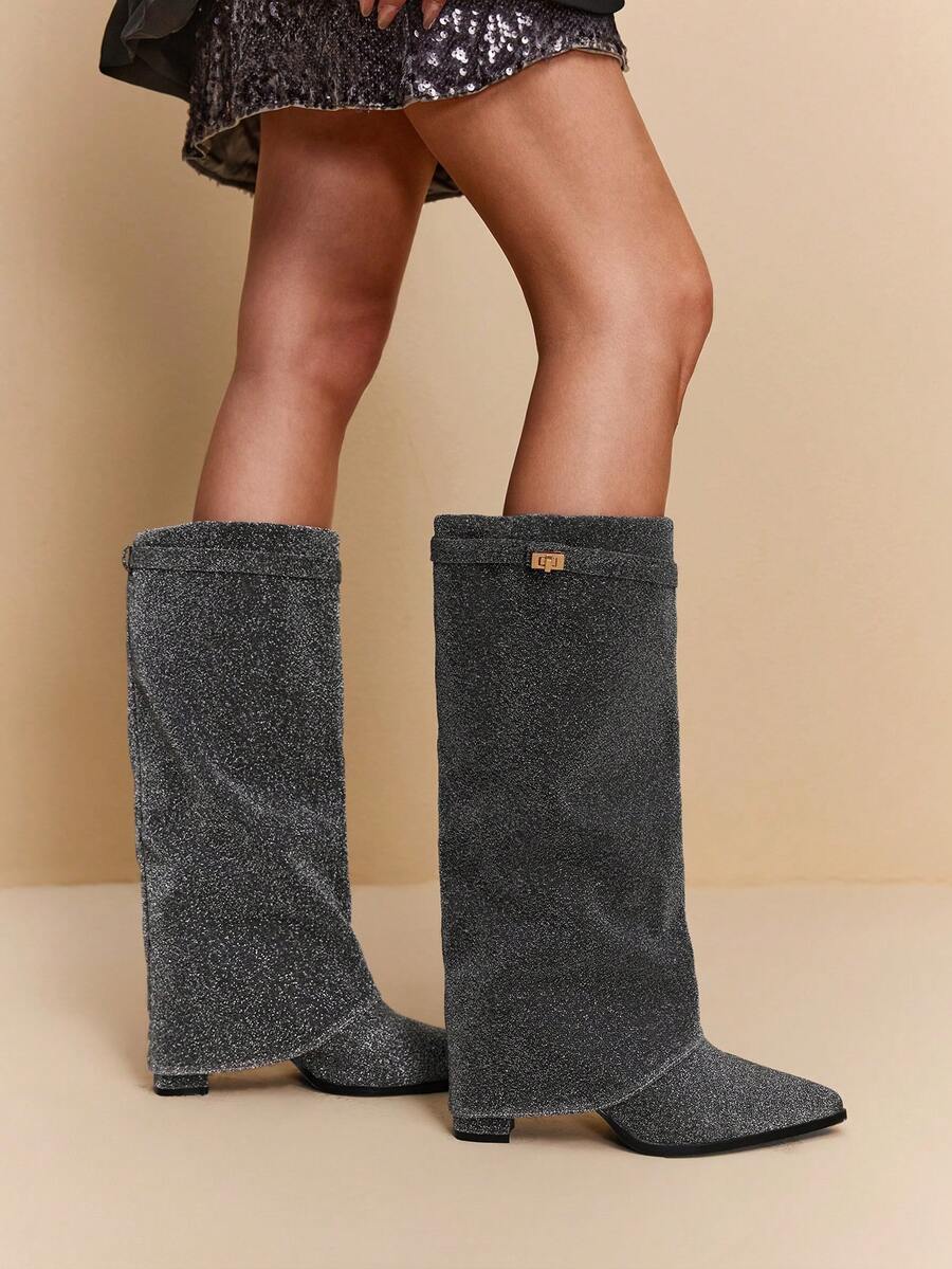 Daringsoles Women's Pointed Toe Shiny Buckle Design Fashion Daily Wear Versatile High Heel Knee-High Boots - Grey - View 1