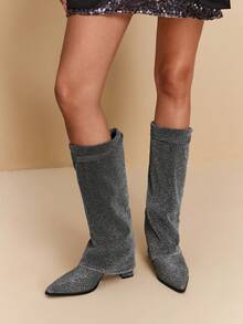 Daringsoles Women's Pointed Toe Shiny Buckle Design Fashion Daily Wear Versatile High Heel Knee-High Boots - Grey - View 5