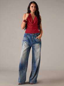 SHEIN BAE 女士性感时尚金属光泽露背系带吊带上衣，适合夏季、度假和街头风格 - 紅色 - 查看 6