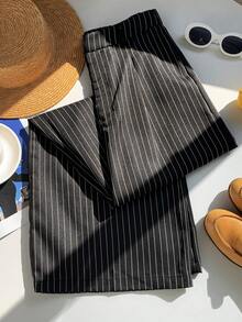 SHEIN EZwear Women's Casual Striped Wide Leg Pants - Black - View 6