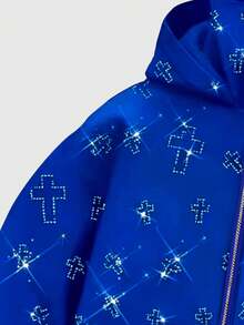ROMWE MEN Street Life Spring Casual Graphic Fashionable Rhinestone Embellished Hooded Sweatshirt With Pockets, Zipper Front Sweatshirt Hoodie For Men - Blue - View 3