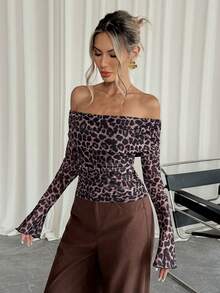 Siren Gaze Women's Fashionable Sexy Off Shoulder Leopard Print Long Sleeve T-Shirt Leopard Top Spring Casual - Multicolor - View 7