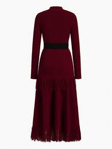 ZEYLAH Women's Elegant Solid Color Stand Collar Sweater With Tassel Hem & Belted Waist, And Flared Hem Sweater Skirt Set, Autumn/Winter - Burgundy - View 2