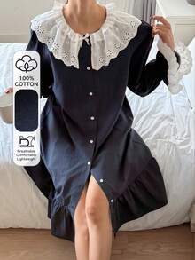 DAZY 甜美撞色荷叶边宽松长款女士睡裙 - 藏蓝色 - 查看 3