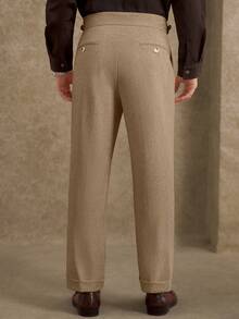 Core Aspect Pantalones de lino de unicolor para hombre con doble pliegue y presillas para cinturón, pantalones rectos casuales y de negocios con pierna recta y tiro corto - Caqui - Ver 2