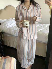 DAZY Cute Dog Print Striped Contrast Trim Women Pajama Set - White - View 11