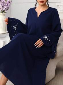Al Najma Women's Blue Twist Long Sleeve Bubble Pearl Elegant Arabic Dress, Autumn/Winter - Blue - View 7