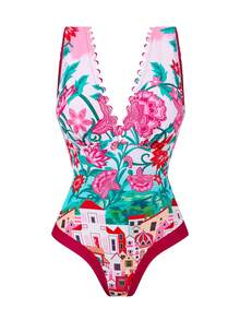 Swim Oasis Plus Size One-Piece Swimsuit With Plant & Architecture Print And Sweet Mesh Design - Multicolor - View 3
