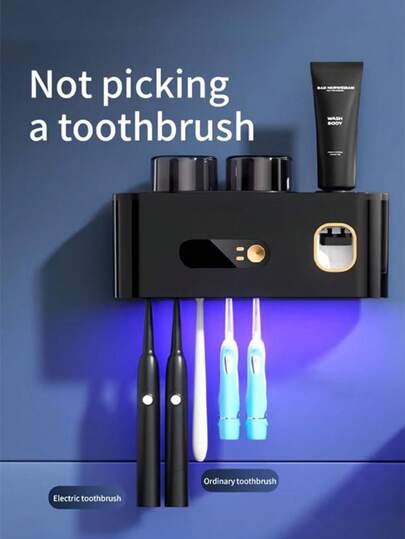 Teckwe 1pc USB Charging Smart UV Toothbrush Holder With Automatic Sensor Toothpaste Dispenser One Button Operation Detachable Design Wall Mounted No Drilling Required Suitable For Everyday Bathroom Use By Adults Perfect For Easter Bathroom Storage Organizer Essential Bathroom Gadget,Rechargeable Lithium Battery Capacity: 400mAh