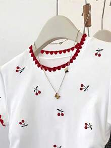 Resyla Women's Graphic Tee, New Summer Design, Dog Tooth Embroidery, Cherry Fruit Print, Grey, Outdoor Wear, Fitted Ruched Waist, Back To School, Teacher's Day, Versatile & Elegant, Women's T-Shirt - White - View 4