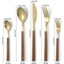 5人份不锈钢餐具套装，仿木柄刀叉勺，镜面抛光，可机洗 - 金色 - 查看 2