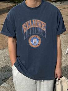 DAZY 男士字母印花蓝色圆领T恤，夏季 - 藍色 - 查看 5