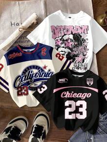 SHEIN EZwear 三件套休闲简约运动涂鸦T恤，适合聚会、派对、机场等场合，图案包含数字、字母和学院风印花，宽松圆领短袖设计，适合夏季穿着，春季印花T恤。 - 彩色 - 查看 3