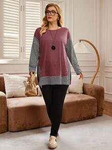 EMERY ROSE Plus Size Women Casual Long Sleeve Striped Patchwork T-Shirt - Burgundy - View 3