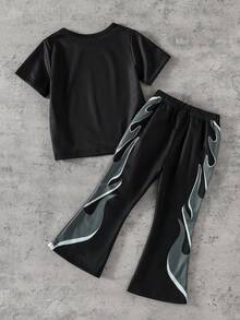 SHEIN 2pcs/Set Young Boys Summer Outfit, Fashionable Set With Cartoon Letter Graphic Tee And Digital Print Flared Pants, Suitable For Casual, School, Sports, Summer, Holidays - Black - View 2