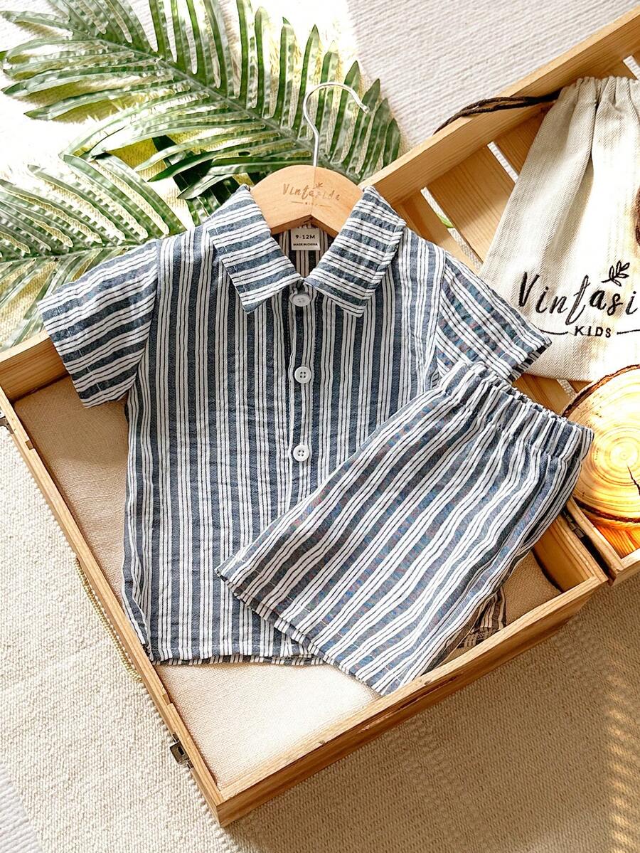 SHEIN Vintaside Kids 男婴夏季条纹纽扣短袖衬衫和短裤两件套 - 黑與白 - 查看 1