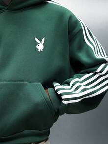 PLAYBOY X SUMWON Green Pullover Hoodie With White Striped Sleeves Centre Pocket Drawstring Hood Casual Streetwear Sweatshirt - Green - View 5