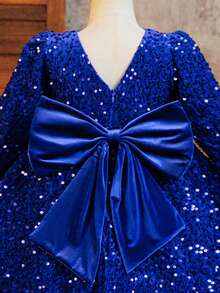SHEIN Glamorique Kids Girls Royal Blue Sequin Princess Dress,Summer Wedding Guest Party Wear,Sparkly Puff Sleeve Christmas Birthday Pageant Gown With Oversized Bow Back - Royal Blue - View 5