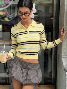 Aloruh Women's Autumn/Winter Collegiate Style Polo Neck Loose Fit Colorblock Striped Long Sleeve Sweater Women's Yellow Loose Fit Sweater - Multicolor - View 5