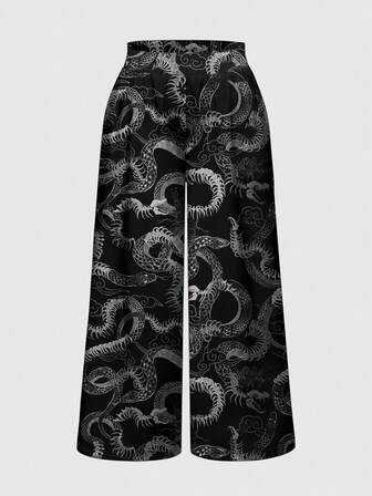 Grunge Punk Pantalones anchos y sueltos con estampado de dragón y nubes auspiciosas de estilo chino punk, talla grande