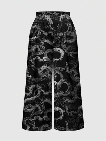 Grunge Punk Pantalon ample à jambes larges avec imprimé dragon et nuage auspicieux de style chinois punk, grande taille