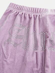 SHEIN Glowzi Teen Girl Velvet Rhinestone Zip-Up Hoodie Top And Slim Flare Pants Casual Elegant 2-Piece Set, Suitable For Halloween, Home, And Daily Wear - Lilac Purple - View 6