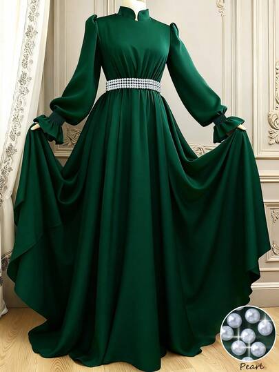 GlowEve Ramadan Women's Flared Sleeve Pearl Waist Decor A-Line Maxi Dress, Elegant For Daily Commute, Fashion Festival, French Street Style, Vintage, Versatile For Valentine's Day, Party, New Year, Olive Green, Early Spring/Autumn-Winter New Arrival Long Sleeve Dress