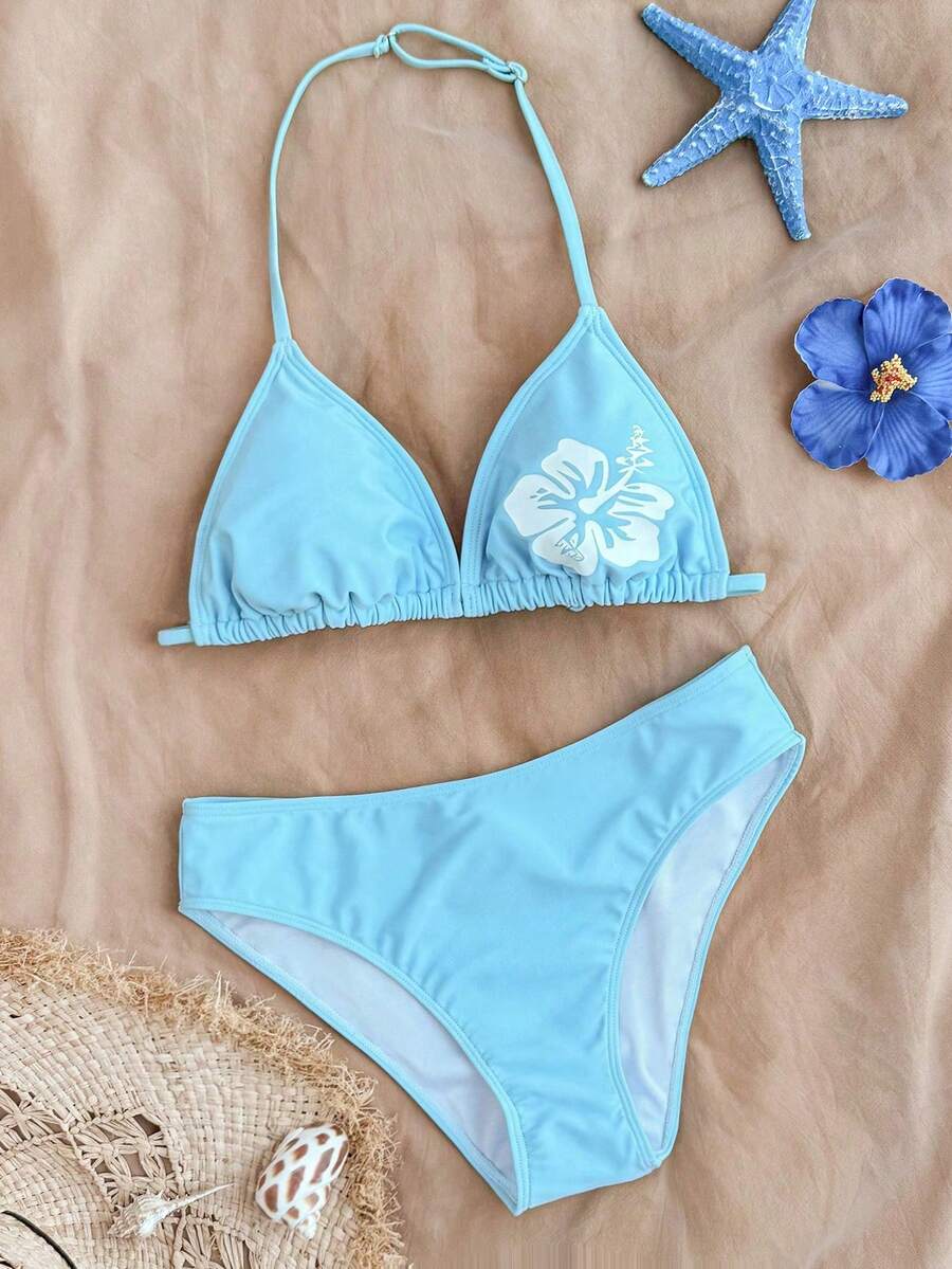 SHEIN 少女印花挂脖系带比基尼泳装套装，夏季海滩 - 藍色 - 查看 1