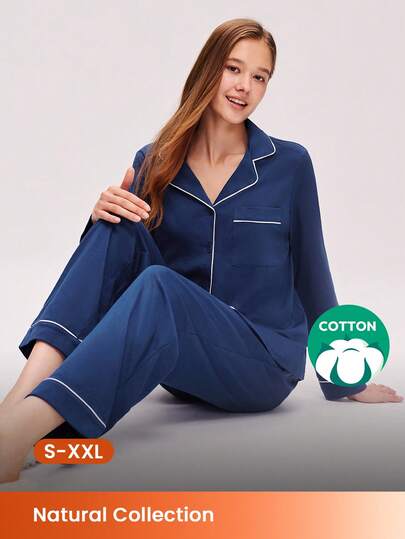 LUVLETTE Mjuk 100 % ren bomull Bomull Blå kontrastkant Enkel knäppt topp och byxor Loungewear Pyjamasset Byxor med fickor Loungeset för kvinnor