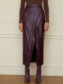 Revavyn Váy xẻ tà bằng da giả phong cách retro châu Âu và Mỹ - Màu hồng gỉ - Xem 5