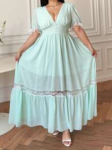 Vibekara Vestido de gasa verde retro francés con parches de encaje, de longitud hasta el té, elegante para primavera, verano y otoño; vestido camisa minimalista con cintura ceñida y mangas abullonadas; vestido de fiesta con falda acampanada - Verde - Ver 4
