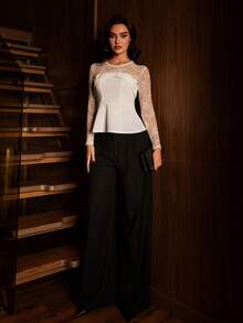 Modelyn Women's Round Neck Lace Patchwork Fashionable Versatile Vacation Long Sleeve Top Lace Long Sleeve White Dress Long Sleeve White Mesh Dress White Bandage Dress Off Shoulder Mesh - White - View 4