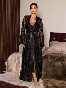 Slumberist Sexy Sheer Lace Tie-Up Long Sleeve Robe + Contrast Lace & Velvet Slip Dress 2 Pieces Set For Women Long Lingerie Dress - Multicolor - View 7