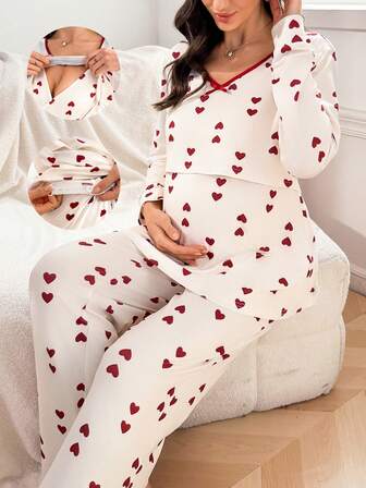 Moonlight & Mama Heart Print Nursing Friendly Round Neck Long Sleeve Top And Pants Maternity Pajama Set