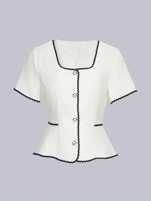 Selianne Women's Fashionable Elegant Contrast Color Trim Ruffle Hem Square Neck Blouse - White - View 3