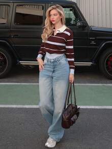 Turnttoni 女式秋冬学院风马球领撞色条纹棕蓝宽松针织毛衣 - 彩色 - 查看 1